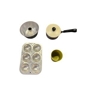 Vintage Children’s Kitchen Toy Cookware Set — Aluminum Pans + Tupperware Cup